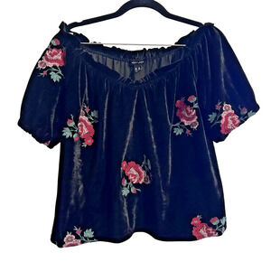 New Look Shirt Womens Medium Black Velvet Floral Embroidered Boho Whimsigoth